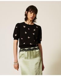 Twinset - Wool Blend Jumper With Floral Embroidery - Lyst