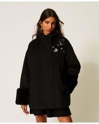 Twinset - Wool Blend Cloth Coat With Faux Fur And Embroidery - Lyst
