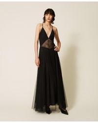 Twinset - Long Plumetis Tulle Dress With Lace - Lyst