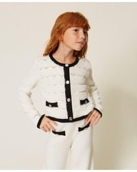 Twinset - Knit Cardigan With Piping And Buttons, Bicolour "Snow" - Lyst