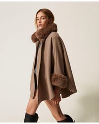Twinset - Soft Poncho With Faux Fur - Lyst