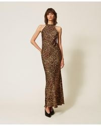 Twinset - Long Animal Print Satin Halter Neck Dress - Lyst