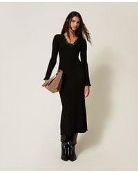 Twinset - Long Knit Dress With Macramé Lace - Lyst