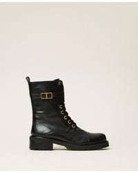 Twinset - Leather Combat Boots With Logo - Lyst