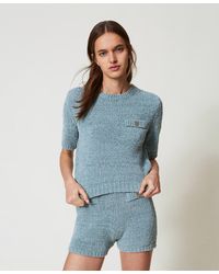 Twinset - Cropped-Pullover Mit „Oval T"-Knopf, "Zuckerpapier"-Grau, Baumwolle, Größe - Lyst