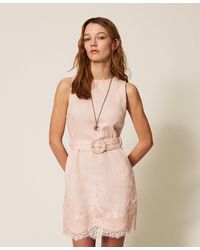 Twinset - Short Linen Dress With Lace - Lyst