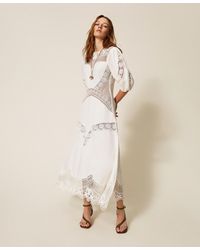 Twinset - Long Linen Blend Dress With Embroidery - Lyst