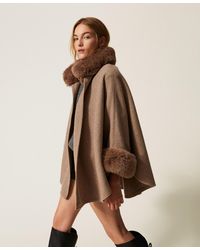 Twinset - Wool Cloth Poncho With Faux Fur - Lyst