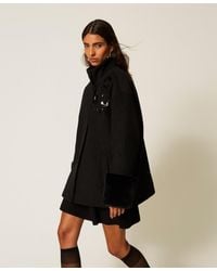 Twinset - Wool Cloth Coat With Faux Fur And Embroidery - Lyst