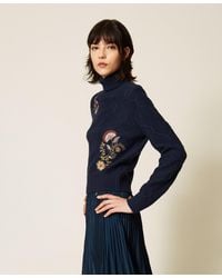 Twinset - Turtleneck Wool Jumper With Floral Embroidery - Lyst