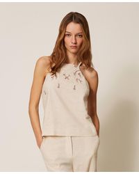 Twinset - Linen Blend Top With Embroidery - Lyst