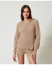 Twinset - Gerippter Pullover Mit Kapuze, "Rope"- Dunkel, Baumwolle, Größe - Lyst