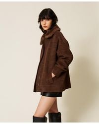 Twinset - Wool Cloth Check Caban Coat With Faux Fur - Lyst