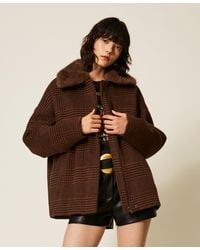 Twinset - Wool Cloth Check Caban Coat With Faux Fur - Lyst