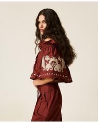 Twinset - Poplin Off-Shoulder Top With Embroidery - Lyst