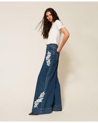 Twinset - Wide-Leg Denim Trousers With Lace - Lyst