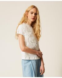 Twinset - Regular Fit T-Shirt With Tulle Flowers - Lyst