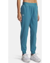 Under Armour - Rival Woven Damesbroek Met Hoge Taille Boundless Blauw Wit - Lyst