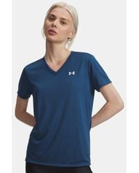 Under Armour - Tech Damesshirt Met V-Hals En Korte Mouwen Wham Blauw Wit - Lyst