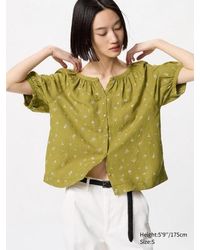 Uniqlo - Leinenmix Bluse (Wide Fit, Kurzarm, Gemustert) - Lyst