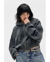 Silence + Noise - Silence + Noise Grey Appliqué Cropped Zip-through Hoodie - Lyst