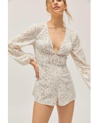 Finders Keepers Sofia Lace Plunging Long Sleeve Romper - Multicolor