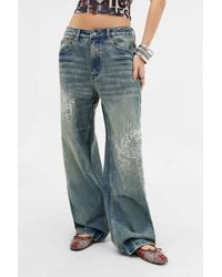 Ed Hardy - Uo Exclusive Blue Embroidered Dragon Jeans - Lyst