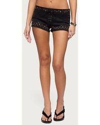Edikted - Stud & Grommet Lace Up Denim Micro Shorts - Lyst