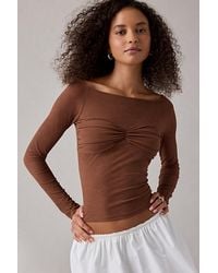 Urban Outfitters - Uo Izzy Semi-Sheer Ruched Front Long Sleeve Boatneck Top - Lyst