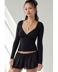 Out From Under - Soft Touch Plunging Lace Trim Long Sleeve Top - Lyst