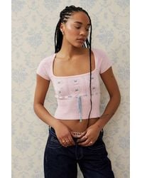 Urban Outfitters - Uo Edison Embroidered Short-sleeved Ribbon-tie Top - Lyst