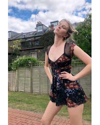 off shoulder embroidered mesh panel jumpsuit