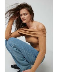Urban Outfitters - Uo Hailey Foldover Off-the-shoulder Long Sleeve Top In Brown,at - Lyst