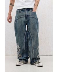 Ed Hardy - Uo Exclusive Blue Panelled Embroidered Jeans - Lyst