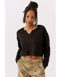 Urban Outfitters Uo Parker Notch Neck Long Sleeve Top - Black