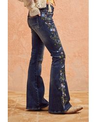 BDG Flower Embroidered Low-rise Flare Jeans - Blue