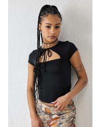 Urban Outfitters Uo Flora Shiny Cap Sleeve Cut-out Top - Black