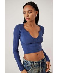 Urban Outfitters - Uo Go For Gold Pointelle Notched Long-sleeved Longline Top - Lyst