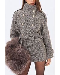 Miss Circle - Sadie Herringbone High Collar Belted Mini Jacket - Lyst
