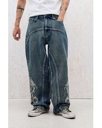 Ed Hardy - Uo Exclusive Blue Panelled Embroidered Jeans - Lyst