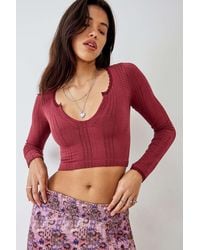 Urban Outfitters - Uo Go For Gold Pointelle Notched Long-sleeved Crop Top - Lyst