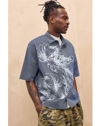 Ed Hardy - Uo Exclusive Navy Check Phoenix Shirt - Lyst