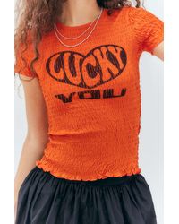 Urban Outfitters - Uo - gerafftes baby-t-shirt "lucky you" mit flügelärmeln - Lyst