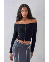 Urban Outfitters - Uo Plated Knit Zip-through Bardot Top - Lyst