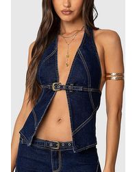 Edikted - Ciel Split Front Denim Halter Top - Lyst