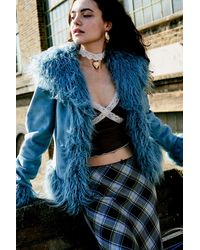 Urban Outfitters Uo Mia Pleather Faux Fur Trim Jacket in Blue - Lyst