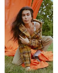uo anna linen mixed plaid midi wrap dress
