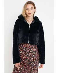 Urban Outfitters Uo Hooded Faux Fur Crop Jacket - Black