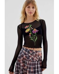 Urban Outfitters Uo Mimi Semi-sheer Textured Crew Neck Top - Black