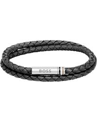 BOSS - Ares Black Double Wrap Leather Bracelet - Lyst